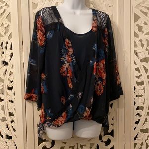 Faux Wrap, Floral Blouse with Lace Shoulders